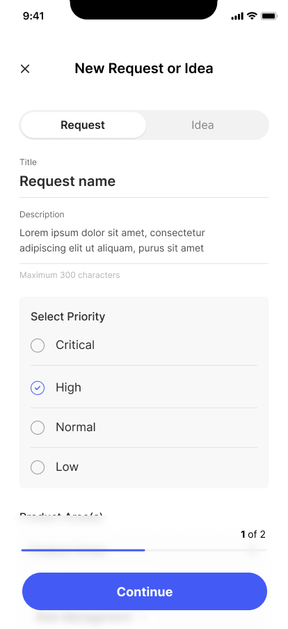 Create new request and idea - select priority