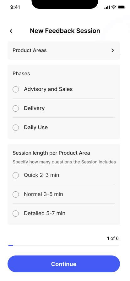 Set requirements to new feedback session. BuyingTeams business app.