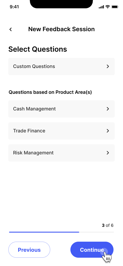 Select questions in new feedback session. BuyingTeams business app.