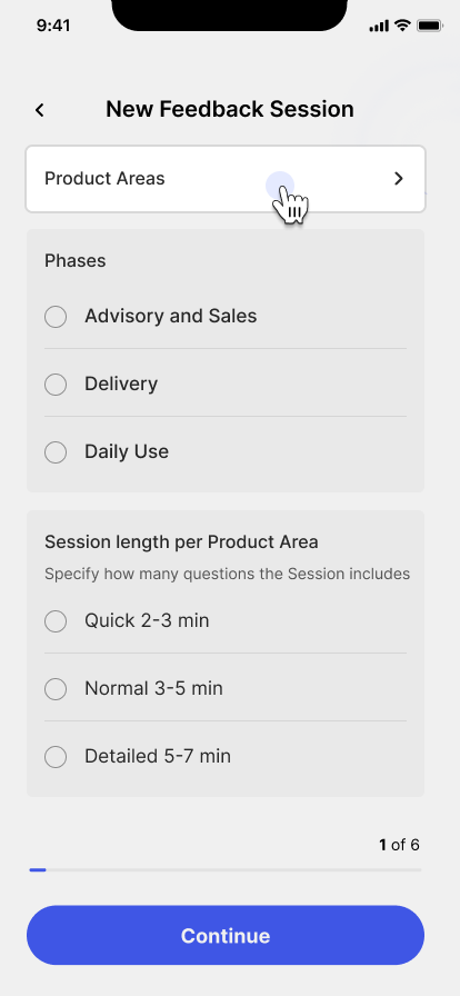 Add product areas in new feedback session. BuyingTeams business app.