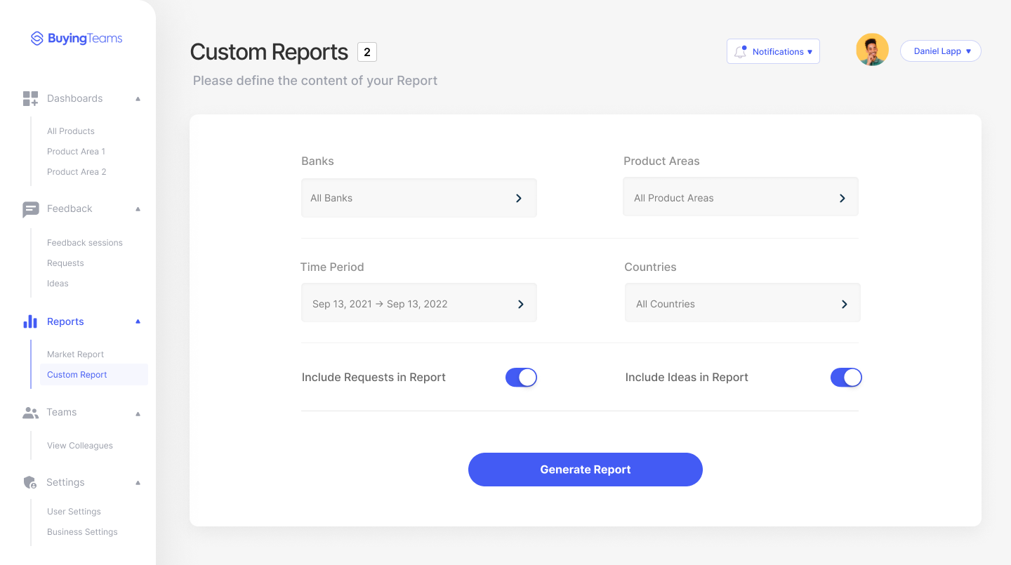 Custom reports menu BuyingTeams