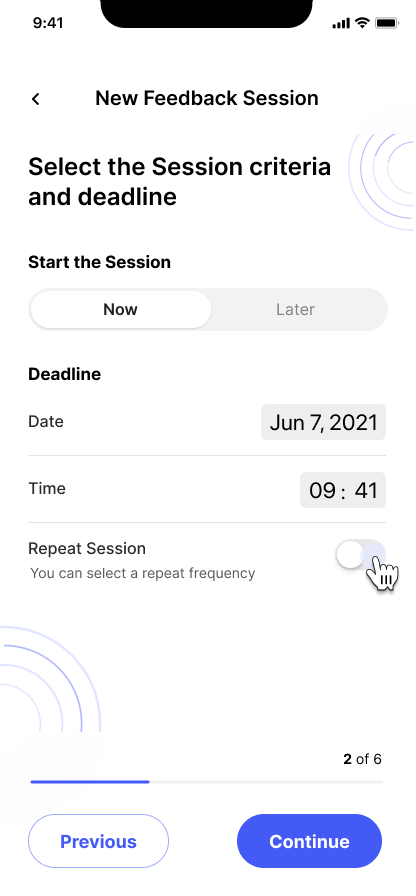 Setting deadline and frequency to new feedback session. BuyingTeams business app.
