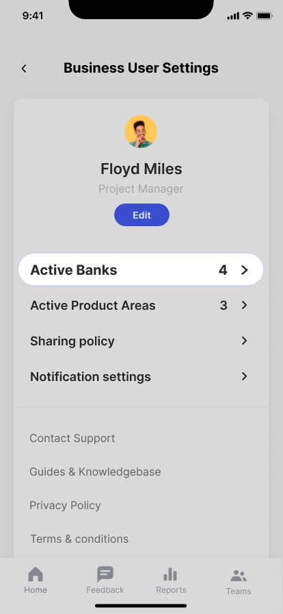 Active banks menu in BuyingTeams app business user settings.
