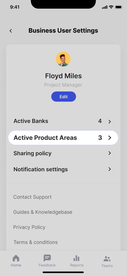 Active product areas menu in business user settings. BuyingTeams business app.