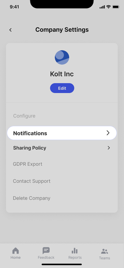 Notification settings in company profile settings. BuyingTeams business app.