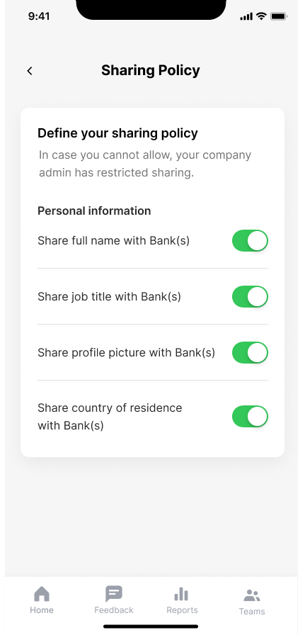 Change sharing policy in business user settings. BuyingTeams business app.