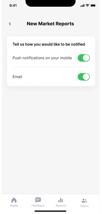 Options of notification types to business user settings. BuyingTeams business app.