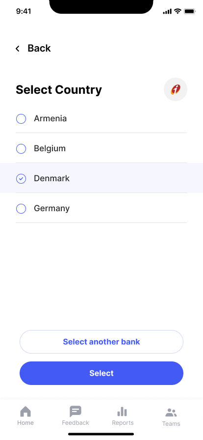 Select country of bank in BuyingTeams business app.