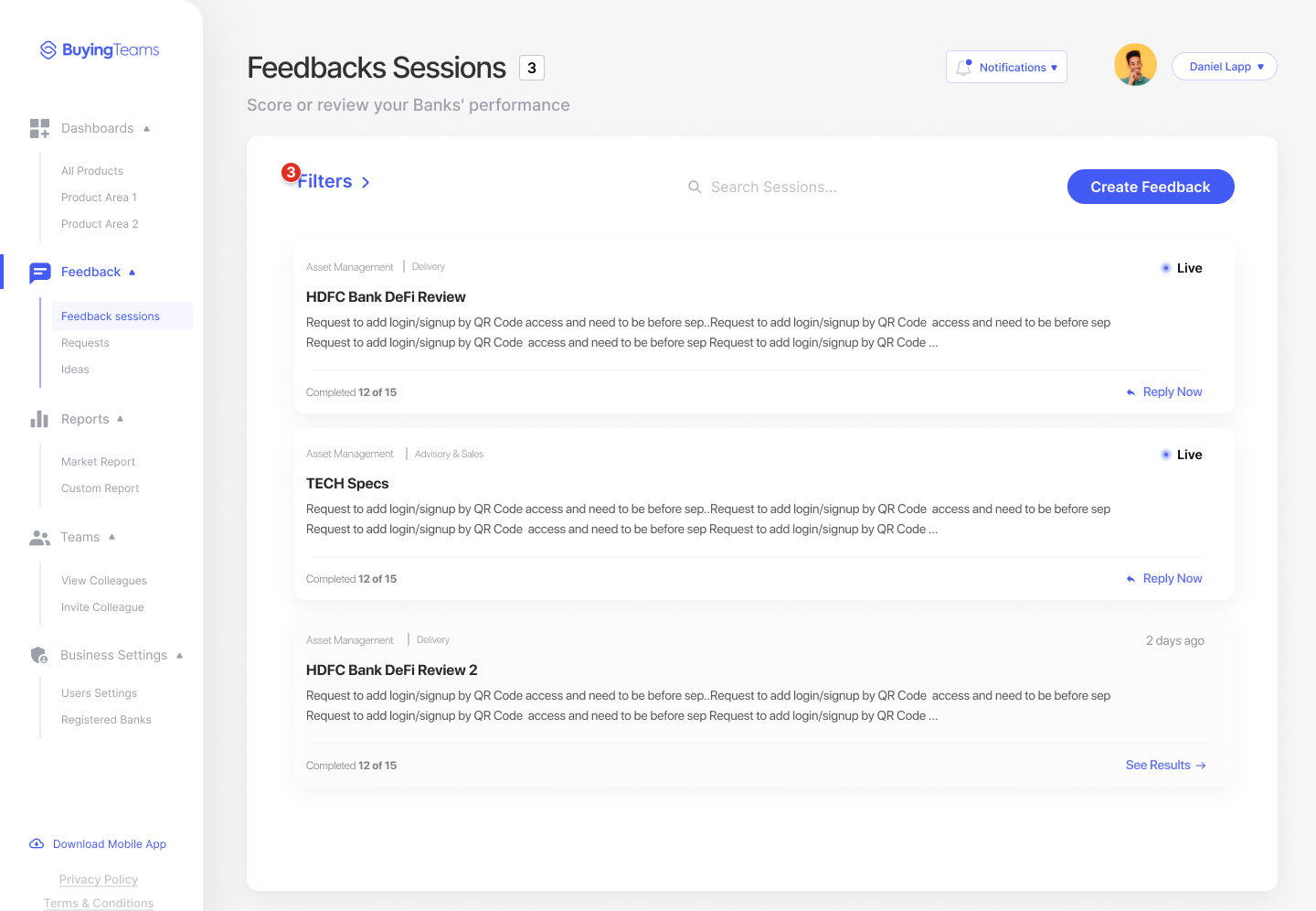 Reply feedback session in BuyingTeams web platform