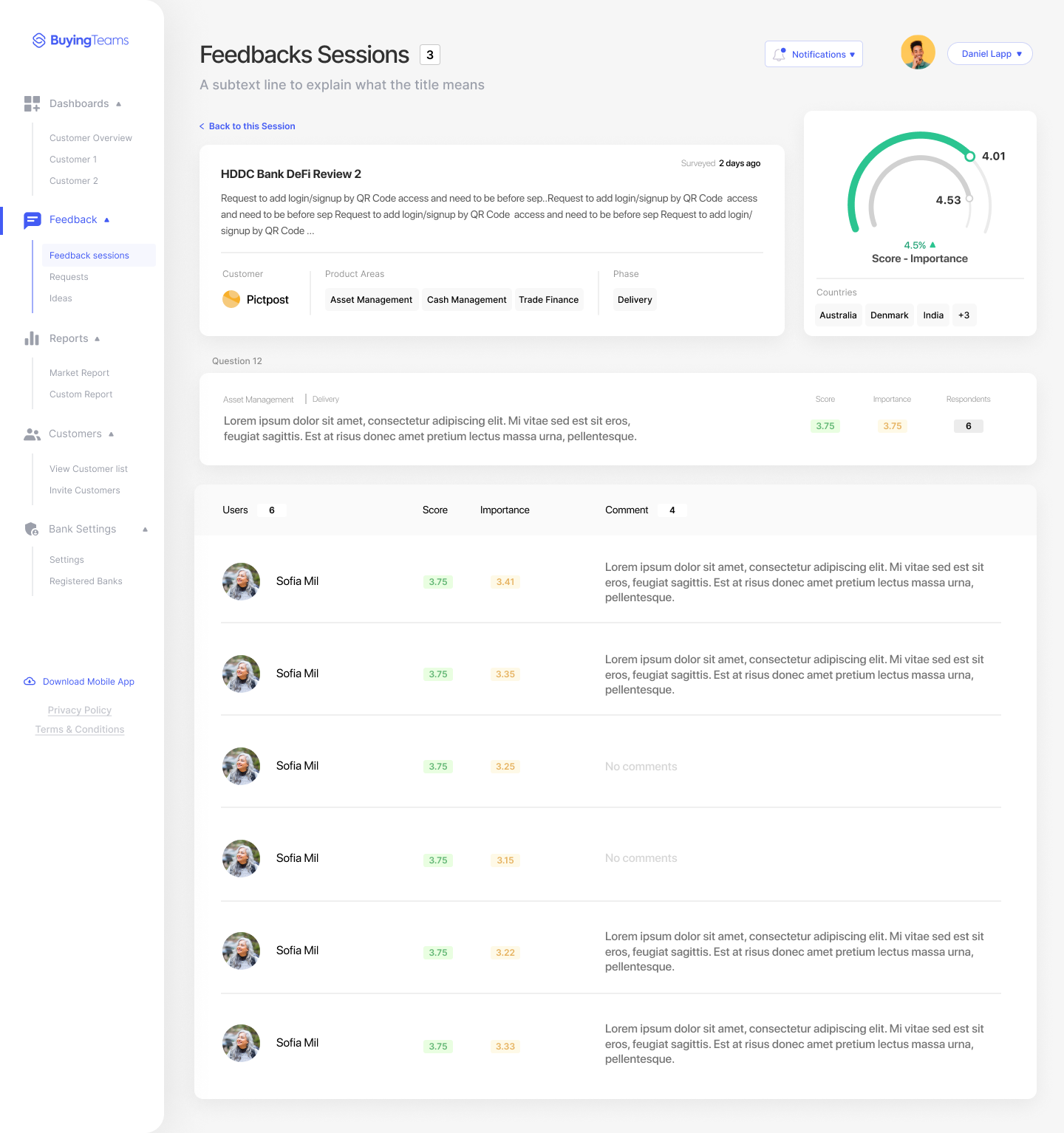 BuyingTeams bank web-platform view feedback sessions